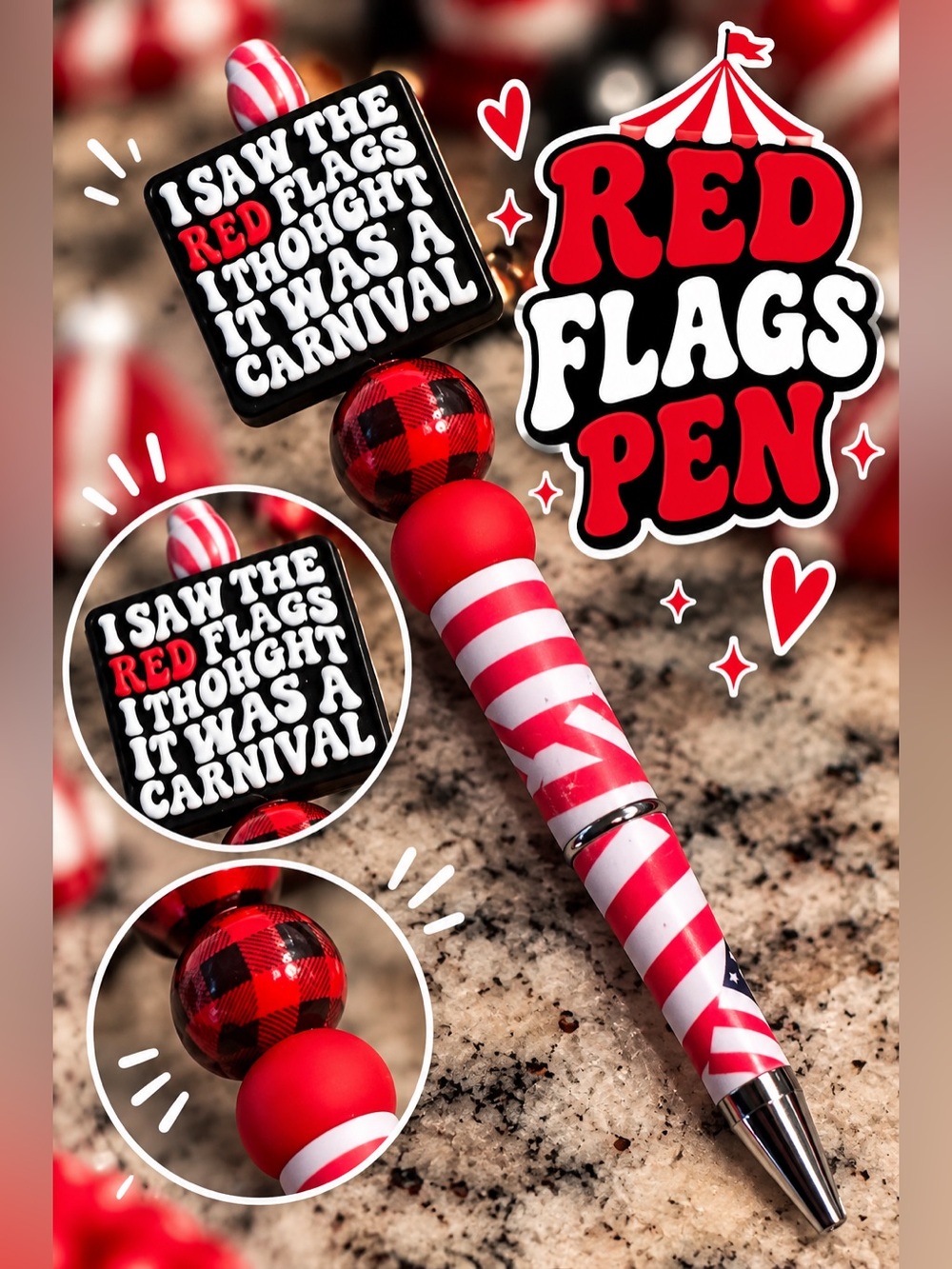 Red & White Striped Novelty Ball-Top Pen with Festive Charm